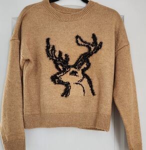 Anthropologie Tan Sweater with Black Deer Design, Size XS, excellent condition